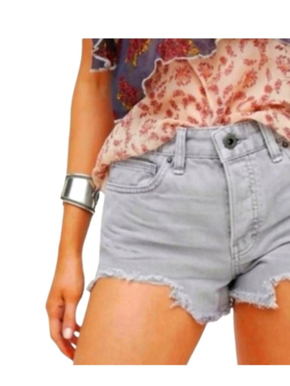 Free People Light Gray Frayed High-Rise Jean Shorts